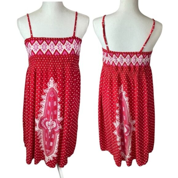 Sundress Boho Breezy Stretchy Smocked Bodice Indian Gauzy Material Red Pink OS - Picture 1 of 16
